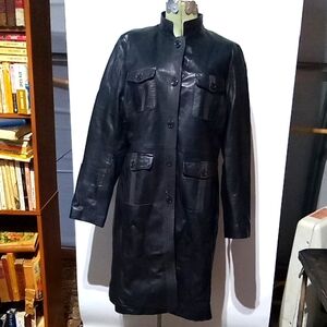 Kenneth Cole Black Leather Jacket with High Collar and Full-Length Zipper